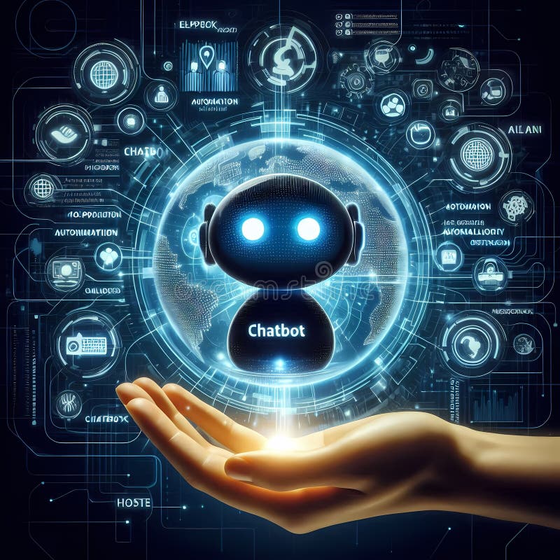 Futuristic AI Chatbot Interface in Hand, Symbolizing Automation and Helpdesk Services. A high-tech digital interface featuring a glowing chatbot icon surrounded by futuristic holographic elements. A human hand is holding the digital projection, representing the integration of AI, automation, and chatbot technology into daily life. Various keywords like helpdesk automation and chatbot are displayed around the central icon, symbolizing advanced technology, customer support, and AI-driven services. AI generated
