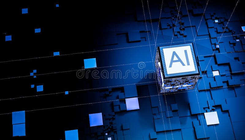 Futuristic AI chip glowing blue digital cube technology circuit board innovation processor intelligence network data computing stock illustration