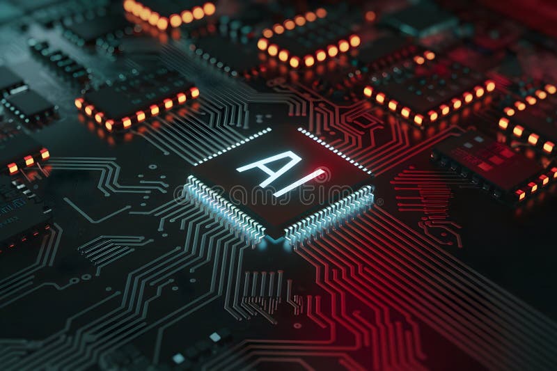 Futuristic AI chip glowing on intricate circuit board design royalty free illustration