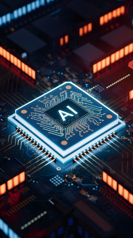 Futuristic AI chip glowing on intricate circuit board design royalty free illustration