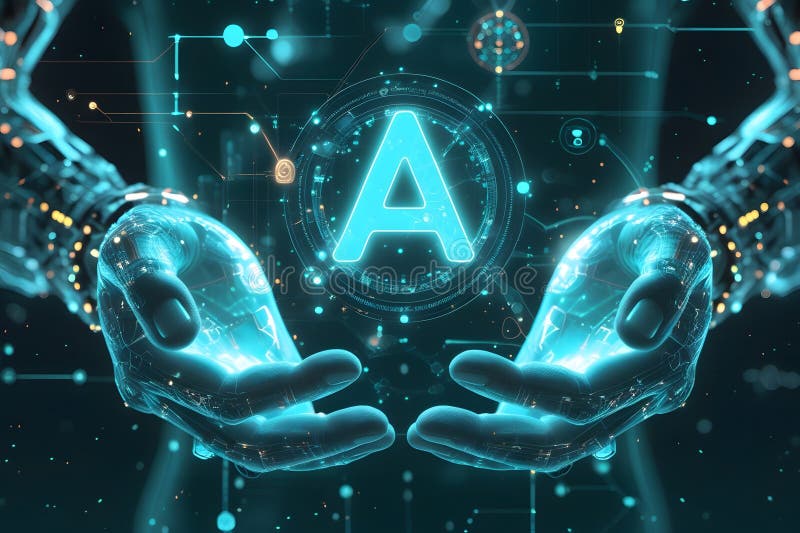 \'Explore a futuristic AI concept with glowing blue tech and cyber aesthetics, blending advanced technology stock illustration