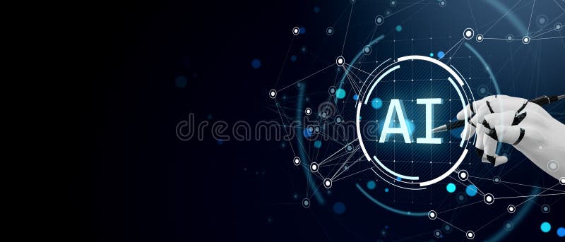 Futuristic AI concept with robotic hand drawing AI text in glowing digital network on dark blue background. 3D Rendering stock illustration