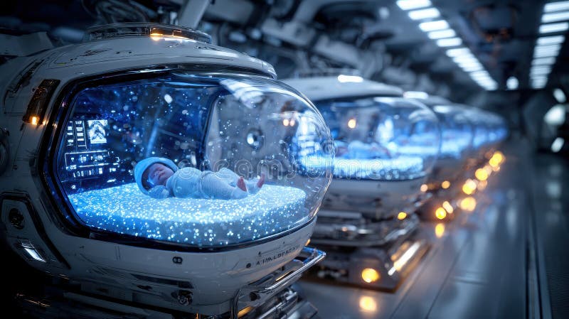 Futuristic ai-driven factory with advanced robots cultivating human lives for innovative technology and science exploration stock illustration