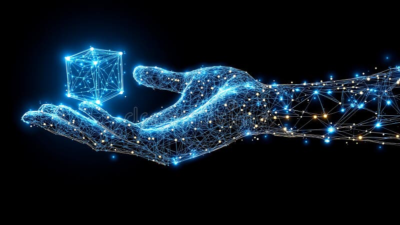 Futuristic AI hand with glowing neural connections representing deep learning and cyber technology stock illustration