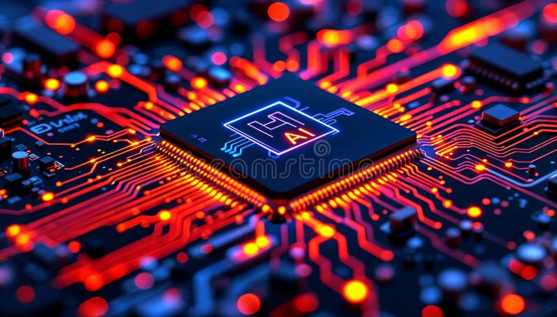 Futuristic AI Processor Chip on Circuit Board vector illustration