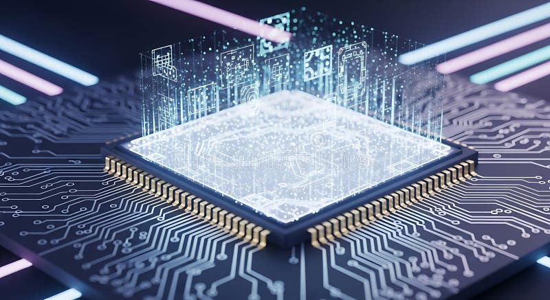 Futuristic AI Processor with Holographic Data Visualization vector illustration