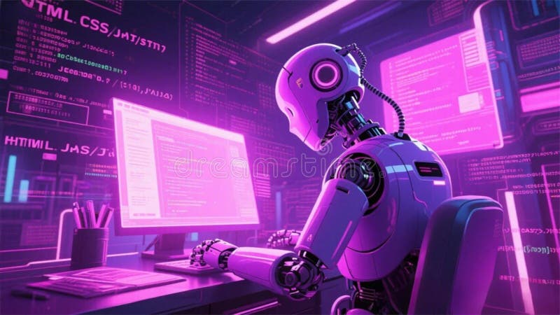 Futuristic AI Robot Designing Websites � Coding with HTML, JavaScript and Matrix Interface stock images