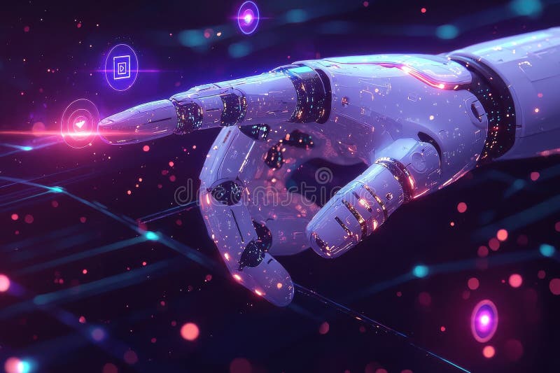 Futuristic robotic hand interacting with glowing digital interface