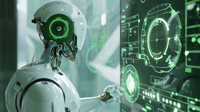 Futuristic AI robot interacting with a high-tech interface generated with AI vector illustration