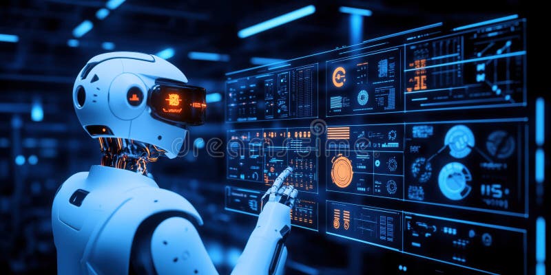 Futuristic AI robot interacts with glowing digital interface in high tech environment vector illustration