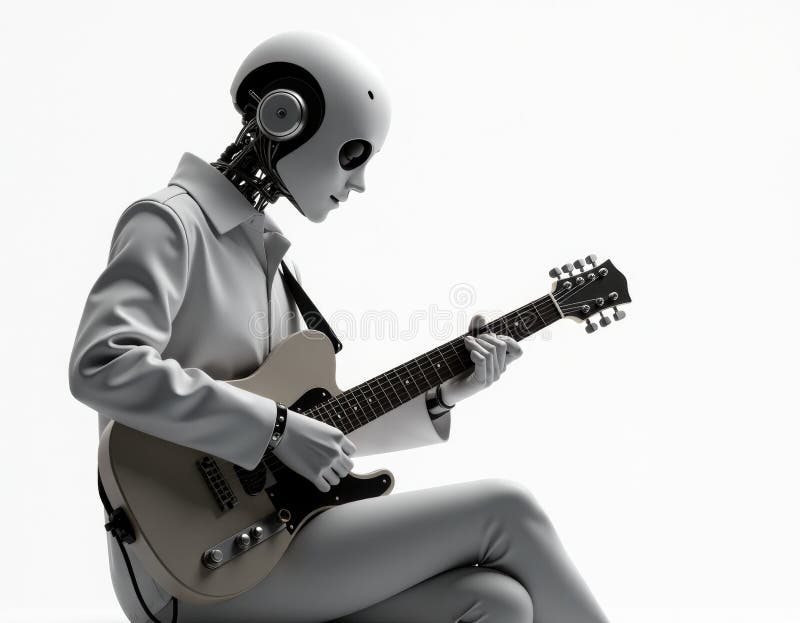 Futuristic AI Robot Playing Electric Guitar on White Background royalty free illustration