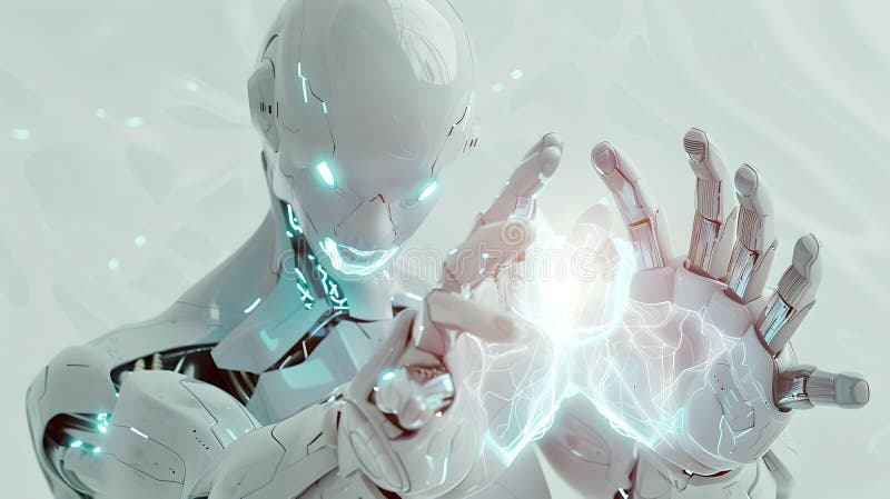 Futuristic AI Robot Touching Holographic Interface, Modern Technology and Machine Learning Concept. AI. stock illustration