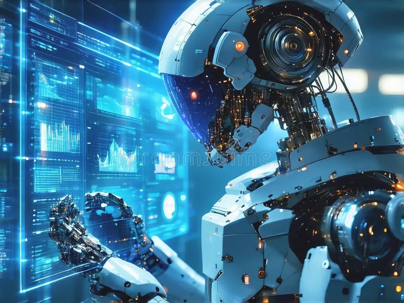 Futuristic AI System Analyzing Digital Data AI research, cyber security, big data. A high-tech AI system scanning and analyzing complex data, representing the power of artificial intelligence and automation.