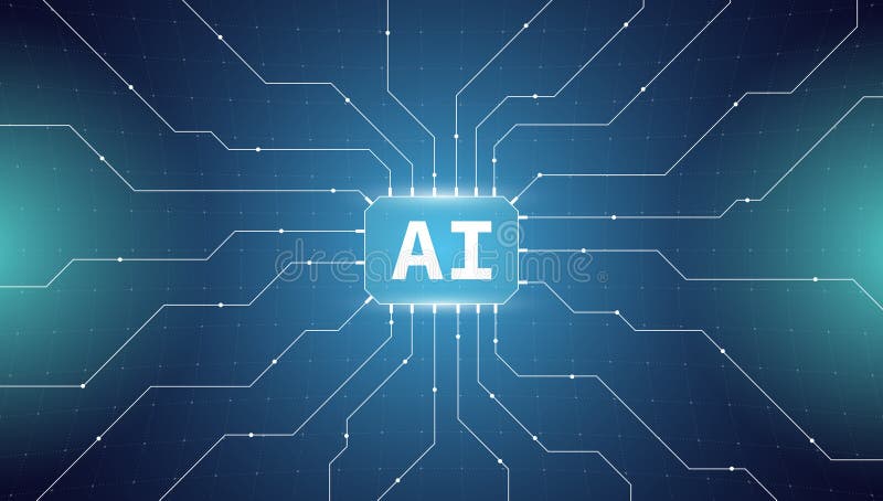 Futuristic AI technology banner. Microchip and neural network connections. Artificial intelligence and machine learning stock illustration