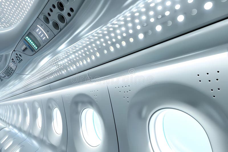 Futuristic Aircraft Cabin Interior Design, Exploring Innovative Airplane Architecture with Sleek, Modern Aesthetics royalty free illustration
