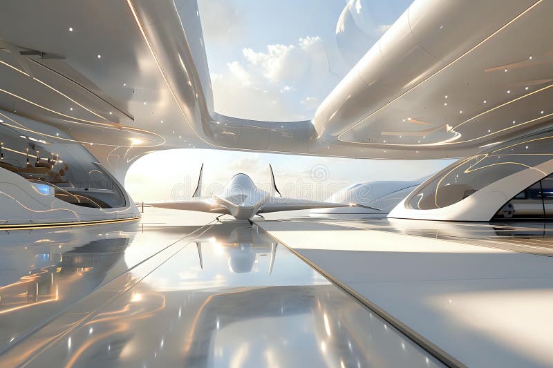 Futuristic Aircraft Landing in a Modern Architectural Hangar, Sleek Design, Innovative Technology, and a Bright, Op royalty free illustration