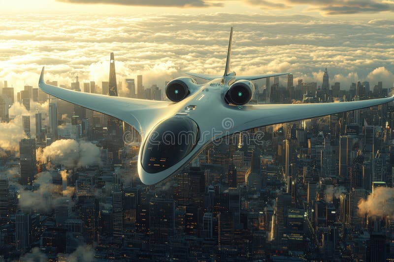 Futuristic aircraft soaring over a bustling city skyline at sunset royalty free illustration