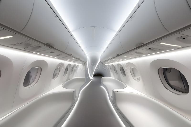 Futuristic Airplane Cabin Design, Exploring Innovative Seating and Interior Architecture with Sleek White Aesthetic royalty free illustration