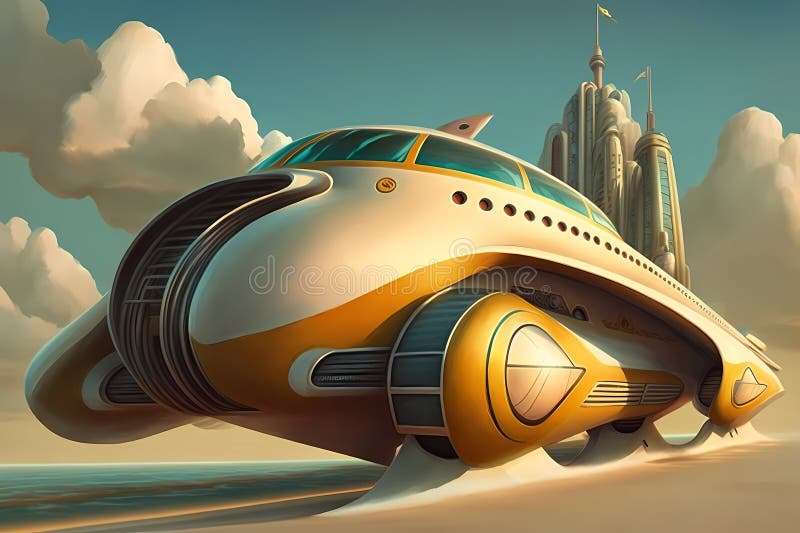 Futuristic airplane flying over urban cloudscape vector illustration