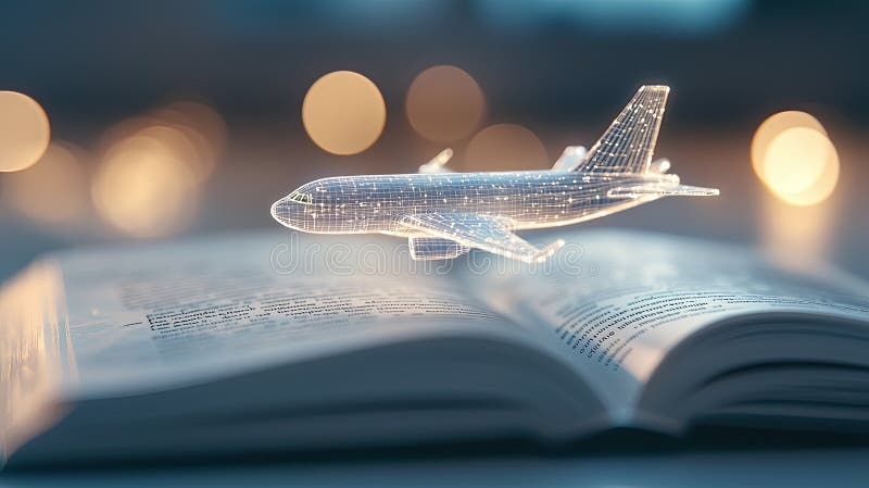 Futuristic airplane hologram emerging from an open book, symbolizing innovation, technology, and aviation educatio stock illustration