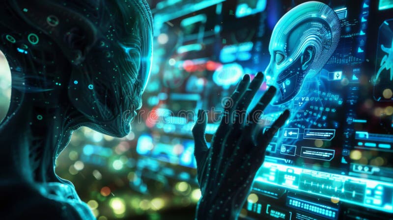 A futuristic alien figure engages with a holographic interface against the backdrop of a vibrant cybercity at night, showcasing advanced technology. Alien engages stock images, royalty-free photos and pictures