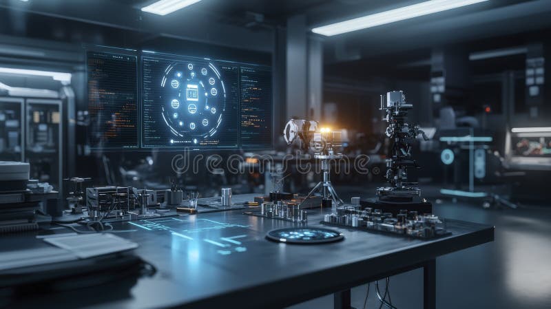 Futuristic analytics dashboard hologram display industrial lab technology content high-tech environment close-up viewpoint. Explore a high-tech lab showcasing a futuristic analytics dashboard projected as a hologram