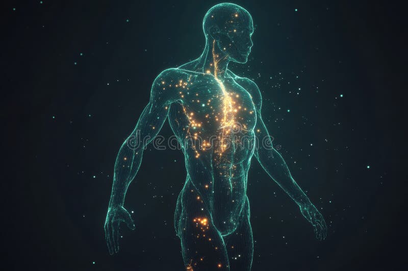 Translucent human silhouette with glowing muscle system in a futuristic anatomical visualization royalty free stock image