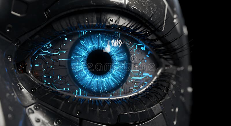 Futuristic android eye featuring a detailed blue iris with intricate circuitry patterns. vector illustration