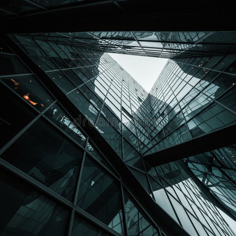 Futuristic, angular architecture with mirrored glass panels creates an upward vector illustration