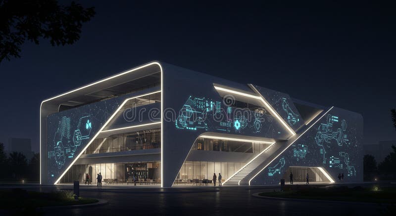 Futuristic, angular building illuminated at night with white light outlines. The fa royalty free illustration