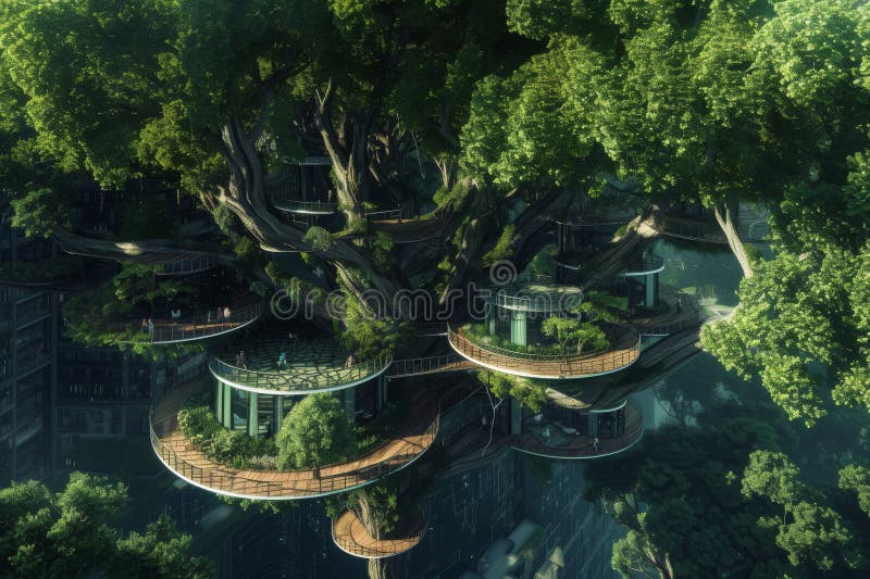 Futuristic Arboreal Architecture Blending with Urban Sprawl in Daylight. AI generated