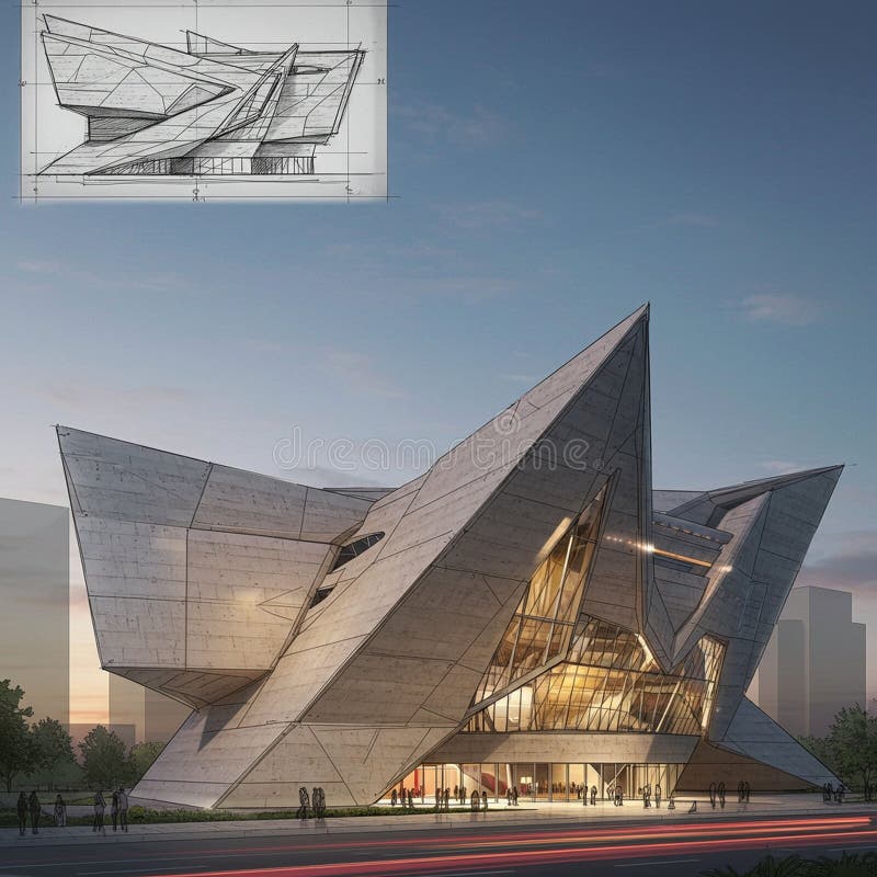 Futuristic architectural design featuring an angular, geometrically complex structure royalty free illustration