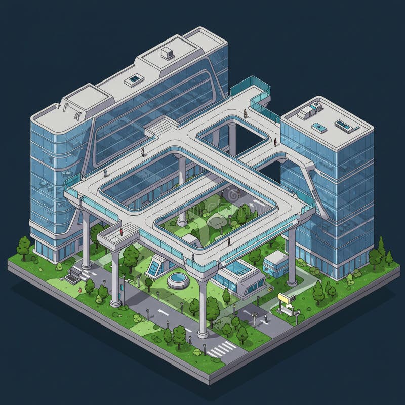 Futuristic architectural design featuring interconnected glass buildings with elevated royalty free illustration