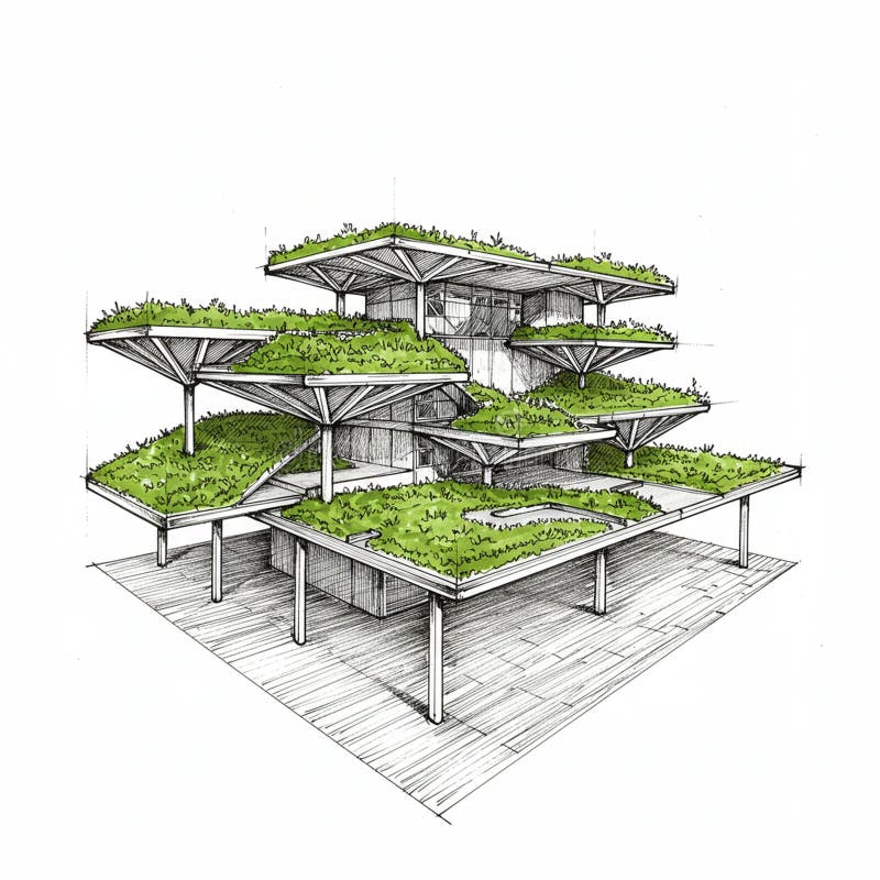 Futuristic architectural design of a multi-tiered structure with wide, flat platforms vector illustration
