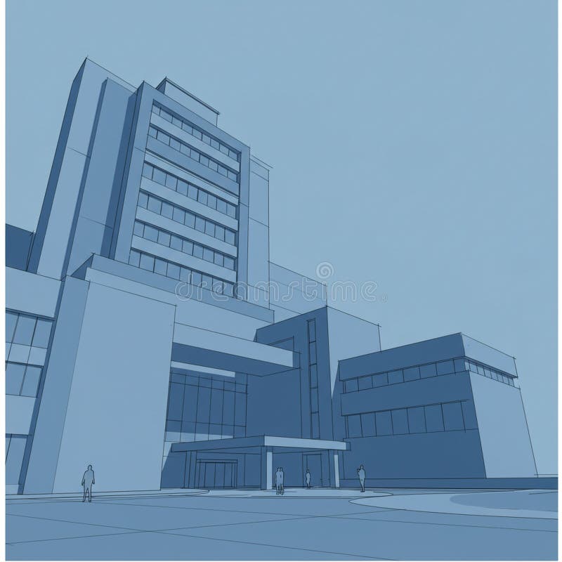 Futuristic architectural drawing depicts a multi-story building with a modernist desig royalty free illustration