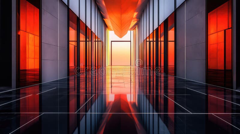 Futuristic architectural hallway featuring vibrant sunset reflections vector illustration