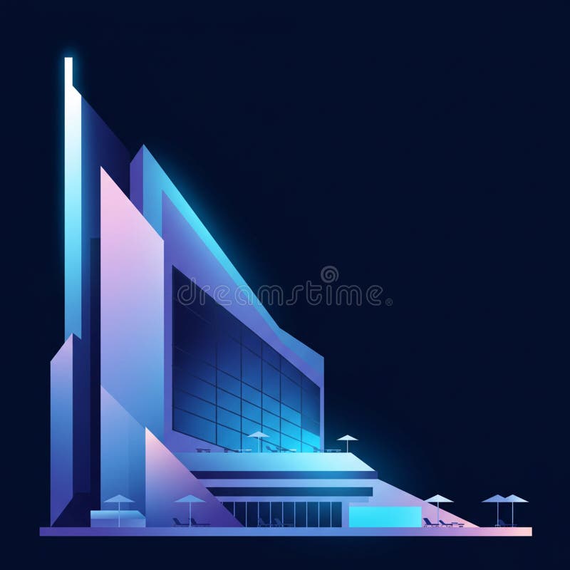 Futuristic architectural illustration featuring a sleek, angular building with a gradient of vector illustration