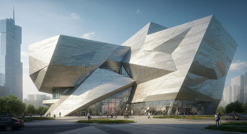 Futuristic architectural structure with angular, overlapping blocks, covered in a royalty free illustration