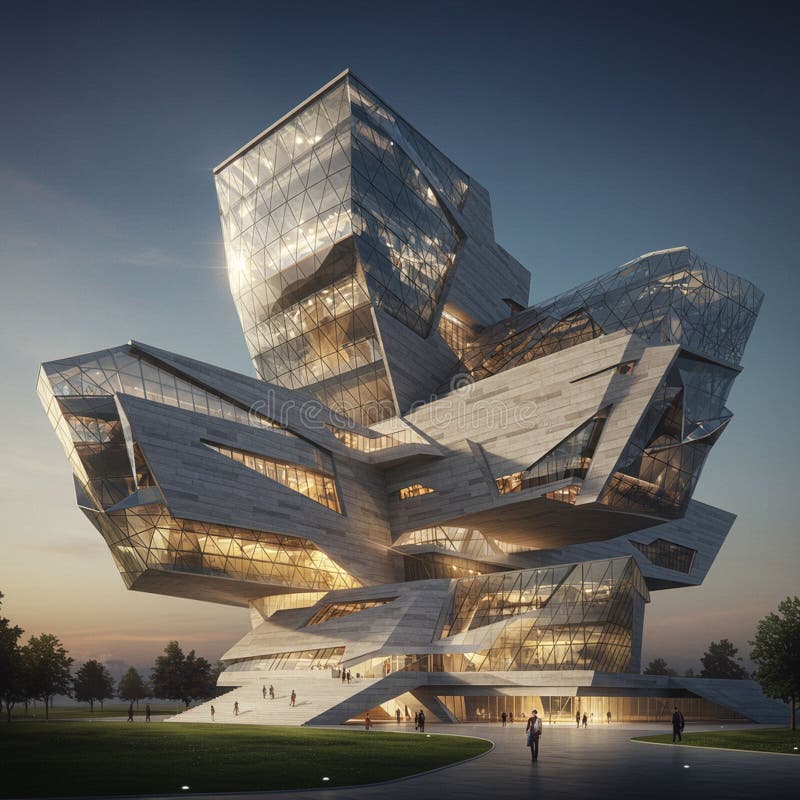 Futuristic architectural structure with a complex, angular design comprising stock illustration