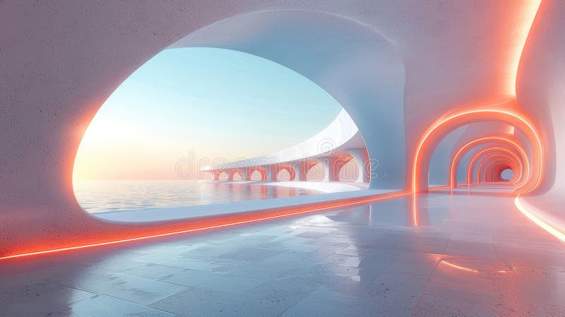 Futuristic Architecture Background with 3D Rendered Curves and Illuminated Pathways vector illustration