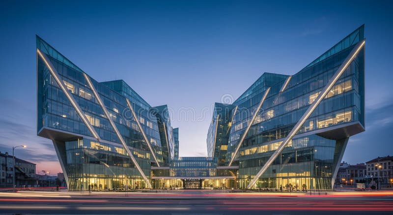 Futuristic architecture of a glass building with angular, asymmetrical design located in stock illustration