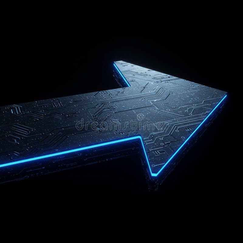 Futuristic arrow design featuring a textured circuit board pattern, illuminated by a blue vector illustration