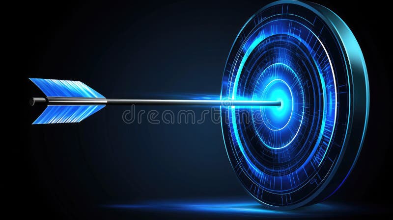 A futuristic arrow hitting a digital target with glowing blue elements, symbolizing precision and focus stock illustration