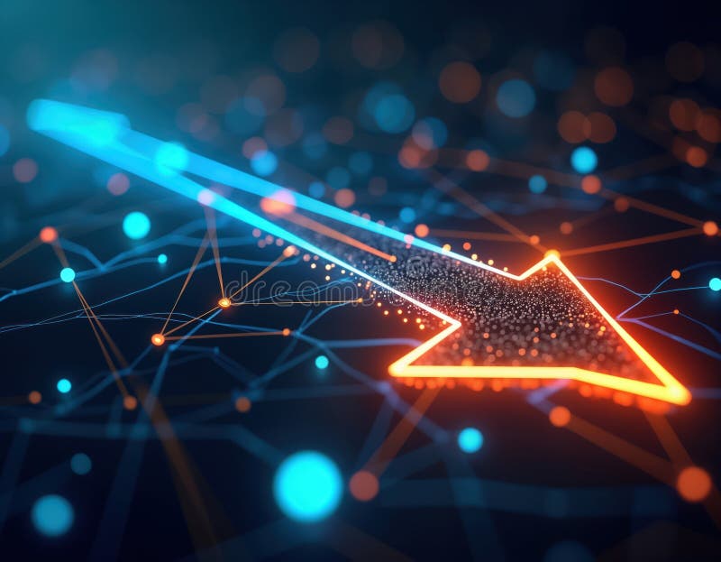 Futuristic arrow points downward. Neon network structure shows tech direction. illustration represents future stock illustration.
