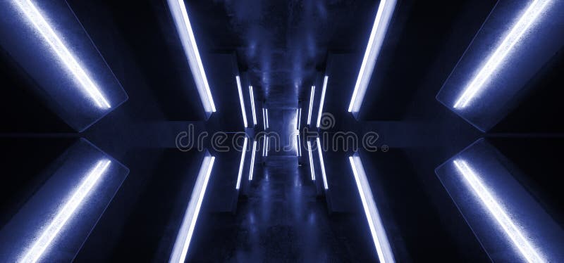 Futuristic Arrow Shaped Neon Lights Glowing Vibrant Blue Corridor Grunge Concrete Dark Reflective Virtual Podium Garage Stage stock illustration