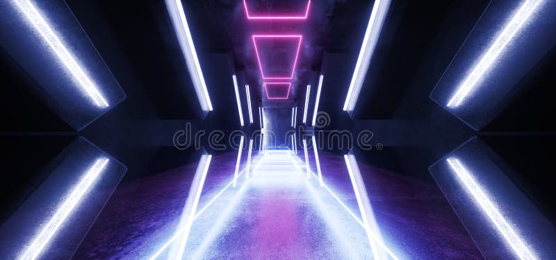 Futuristic Arrow Shaped Neon Lights Glowing Vibrant Blue Purple Corridor Grunge Concrete Dark Reflective Virtual Podium Garage royalty free illustration