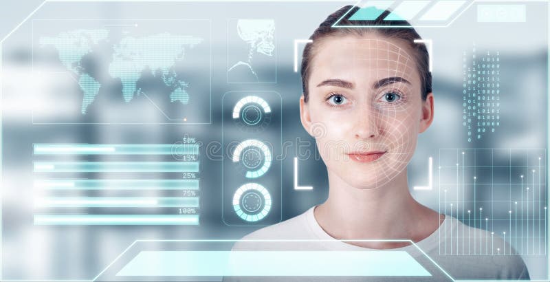 Futuristic Artificial Intelligence Biometric Facial Recognition, Personal AI Identify Face Scan With Smart Virtual Interface