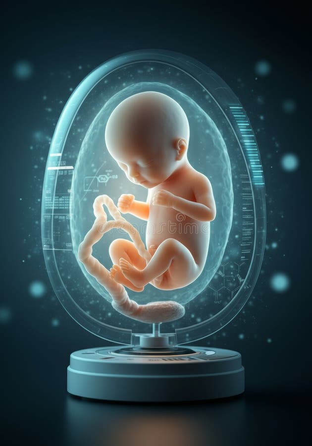 Futuristic artificial womb incubator with developing human fetus in high-tech digital environment stock photography