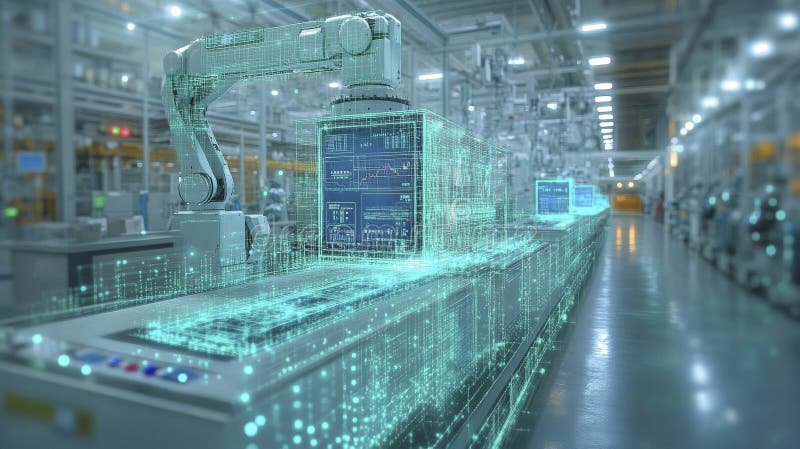 Futuristic assembly line with digital operations hub vector illustration