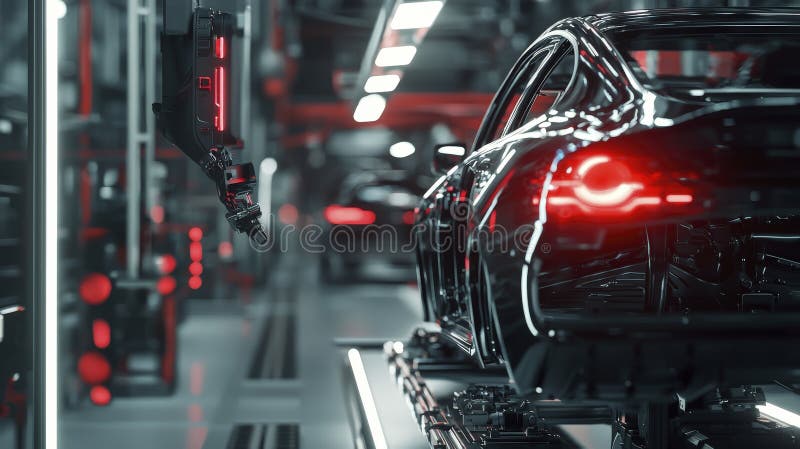 Automated assembly line with futuristic robots engaged stock illustration